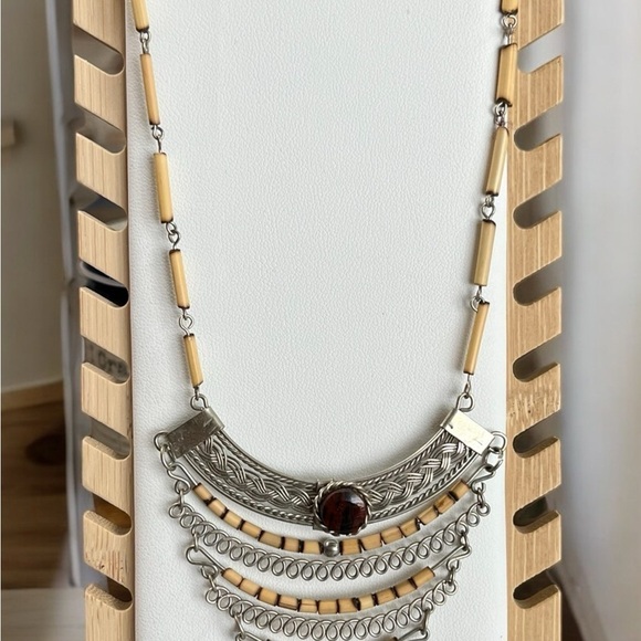 VINTAGE SILVERTONE BOHO BEADED BIB NECKLACE - Picture 5 of 5
